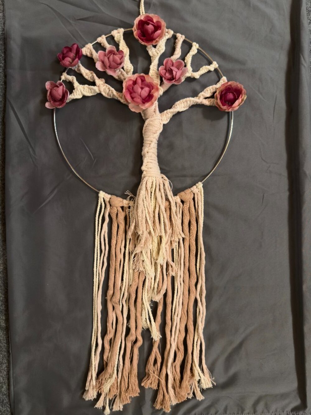 12" Silver Round Ring Boho Macrame Pink & Cream Tree of Life with Pink Flowers